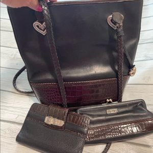 Vintage Brighton black brown croco embossed braided handle tote bag BUNDLE
